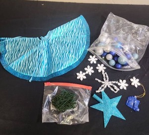 lot 374 image: Blue Mini Christmas Tree Skirt and Ornament Set - meant for tiny table top tree