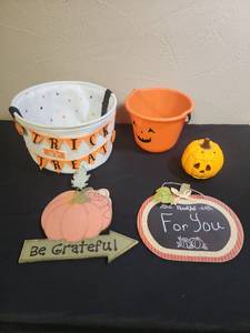 lot 377 image: Halloween and Fall Decor Collection - Fabric Halloween Candy bowl, ceramic pumpkin, fall wood signs with metal leaves and more