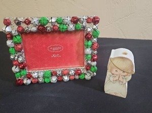 lot 379 image: Holiday Jingle Silver Metal Bell Picture Frame 5x7 and a small wooden angel candle holder
