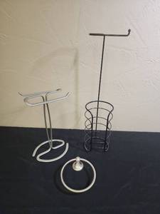 lot 382 image: Modern Bathroom Hardware Set - Floor toilet paper stand, counter top hand towel stand, and a wall mountable towel ring (towel ring does not have mounting hardware)