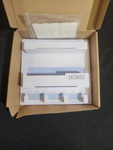 lot 390 image: White Bedside Wall Shelf with Hooks - has sticky mounting tape adhesive - new in box