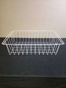 lot 393 image: Large White Coated Wire Pantry Basket - designed for ability to be hung on wire shelving unit - 26.5 w x 16 D x 7 H - good condition