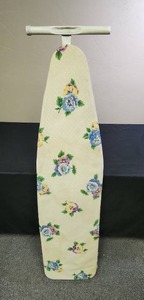 lot 400 image: Floral Pattern Ironing Board with Stand - missing one end cap on front leg, some stains on cover and batting coming out on underneath side, could use a new cover