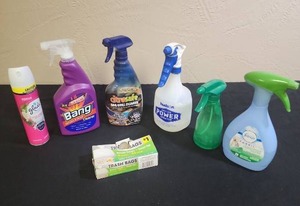 lot 403 image: Household Cleaning Supply Bundle - Glade spray, Bang, and CitruSafe are all almost full, Febreeze about 13 full, plus 2 spray bottles and some small trash bags