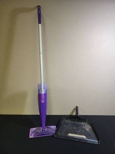 lot 404 image: Swiffer WetJet Spray Mop (needs a quick wipe down), and a metal dust pan