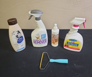 lot 412 image: Pet Care and Cleaning Bundle - shampoo, flea and tick spray, stain and odor remover and an Uproot Clean pet hair removal tool