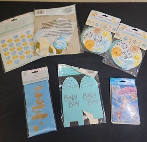 lot 428 image: Baby Boy Baby Shower Party bundle - string streamers, paper garland, Mom to Be sash, small gift boxes, and invitations