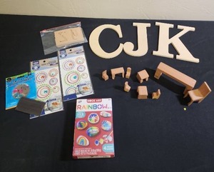 lot 434 image: Craft Supply Bundle - Wood Letters (C, J, K), small wood furniture, jeweled stickers, letter stencils, and a Rainbow Rock Painting Kit - all new condition