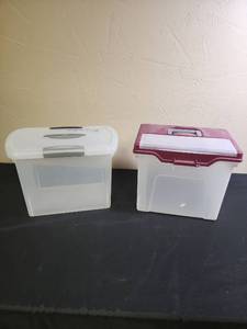 lot 450 image: One File Storage Box (has hangar bars) needs a lock added for lid to stay shut, and a clear file size tote that has some writing in marker on it