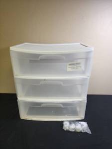 lot 451 image: 3-Drawer Plastic Storage Organizer - top is heavily warped, drawers do not fully shut, cant lift and move by top due to warping - does have set of new casters with it