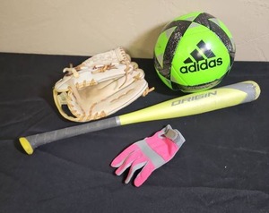 lot 491 image: Youth Sports Equipment - Louisville Slugger Youth Baseball Glove, Girls Batting Glove, Little League Bat, and an Adidas Soccer Ball