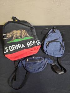 lot 478 image: California Republic Bear Backpack (very good condition), a over the shoulder cross body travel bag with usb capability (good condition), and a small blue fanny pack (small spot on front - might come off with goo gone)