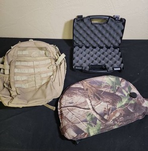 lot 481 image: Tactical Bundle - MilitaryAmmo Backpack, Plano Handgun Case, and Camo Air Seat Pad