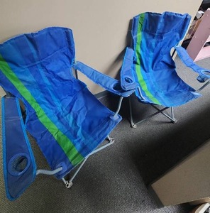 lot 497 image: Folding Camping Chairs with cup holders - Blue with Green Stripes.  Both have some fraying of edges, but sturdy, both need a good wash