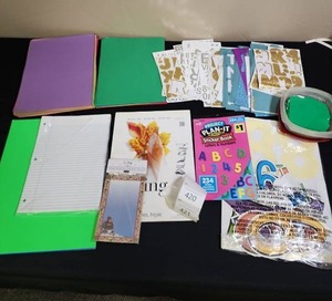 lot 420 image: Art & Craft Supply Bundle with Strathmore Tracing Paper, construction paper, letternumber stencils and stickers, a notepad and some loose leaf paper