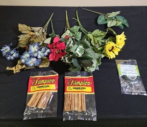 lot 423 image: Artificial Flowers and Foliage, Cinnamon Sticks, and some floral tape