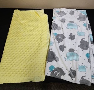 lot 424 image: Baby Blanket Fabric - Yellow Minky and Elephant Print - both very soft.  First pictured measurement of each one is with fabric doubled, so each one is approx 54 W x 29 L