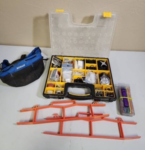 lot 570 image: Kobalt Tool Pouch, Parts Organizer Box with hardware, Fin-Comb set (for cleaning radiator and ac screens), and two extension cord holders