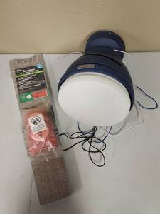 lot 598 image: Hunter Dreamliner 52 LED SureSpeed Ceiling Fan - includes remote control - a few small marks on the globe and very minor scratch on the blue metal, overall good condition