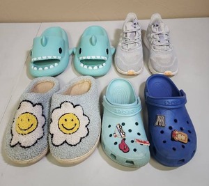 lot 615 image: Womens Sz 6 - Adidas Sneakers, Crocs with charms, Slippers and Novelty Shoes - light dirt on sneakers, but overall good condition on all