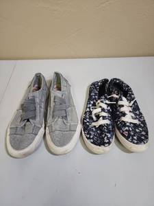 lot 618 image: Blowfish Malibu Gray Canvas Sneakers and Floral Print Shoes - no size listed on either, but appear to be 7.5 - white outsoles should clean up ok using a magic eraser