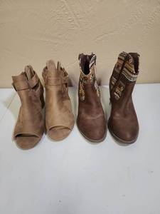 lot 621 image: Womens Size 7.5 Brown Southwestern Style Leather Ankle Boots and Open Toe Suede Booties Lot - very good condition