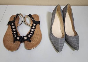 lot 622 image: Womens Shoes Size 8 - Black Patrizia Floral Sandals and Gray Plaid Nine West Pumps with chunky heels
