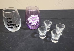 lot 685 image: Mixed Glassware Set with Novelty Wine Glasses and Shot Glasses