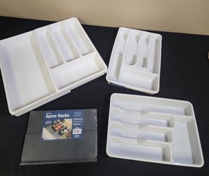 lot 696 image: Adapt Kitchen Drawer Spice Rack Organizer (new in package) and 3 drawer utensil organizer trays (one is adjustable width)