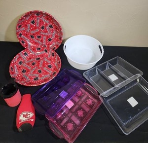 lot 698 image: Mixed Party Supplies and Serving Ware Collection - plastic graduation bowls, white plastic bowl with handles, plastic serving trays, KC Chiefs bottle sleeve, and a Kong Beer Pong cup (no ball included)