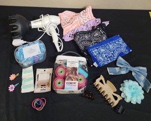 lot 719 image: Hair Styling and Accessories Bundle with BaByliss PRO Dryer - hair bows, clips, barretts, bandanas, foam rollers