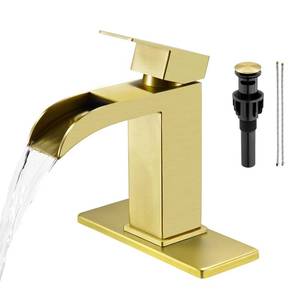 Faustina Brushed Gold Waterfall Bathroom Faucet, Single Handle Wide Spout Stainless Steel Gold Vanity Sink Faucet with Pop Up Drain & Deck Plate for 1 or 3 Hole - Retail: $42