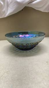 lot 413 image: Iridescent Blue Pressed Glass Bowl