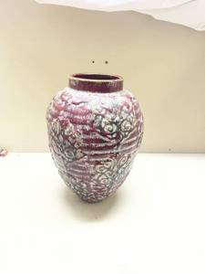 lot 528 image: Burgundy Ceramic Vase with Distressed Floral Pattern