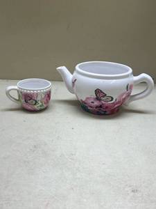lot 541 image: White Ceramic Tea Set with Pink Floral and Butterfly Design