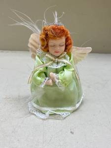lot 546 image: Handmade Angel Figurine with Green Dress and Feather Wings
