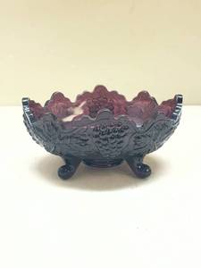 lot 568 image: Purple Grape Pattern Pressed Glass Footed Bowl -Manganese Glow under UV365nm