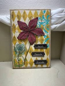 lot 573 image: Faith Family Friends Burlap Canvas Wall Art with Floral Design