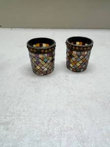 lot 574 image: Mosaic Tile Votive Candle Holders Set of 2