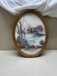 lot 575 image: Lakeside Landscape Watercolor Painting with Ornate Gold Frame