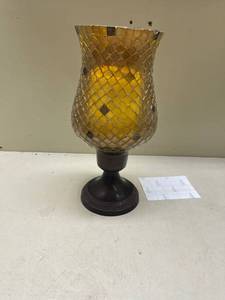 lot 581 image: Mosaic Glass Hurricane Candle Holder with Bronze Base