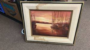 Sunset Harbor Fishing Boats Oil Painting