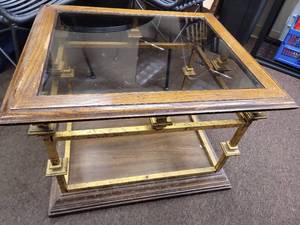 lot 3281 image: Wood and Glass Side Table with Gold Accents