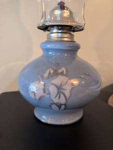 lot 2600 image: Blue Glass Oil Lamp with Floral Design