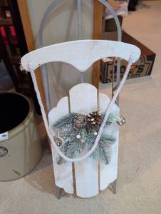 lot 2607 image: Decorative White Wooden Sled with Pine Accents