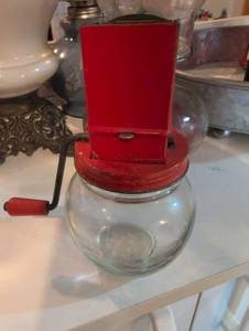 lot 2622 image: Red Hand Crank Nut Chopper with Glass Jar
