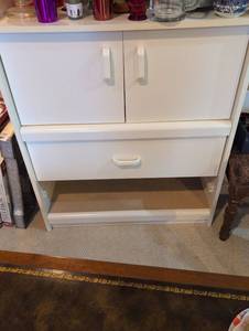 lot 2631 image: White Storage Cabinet with Drawers- missing lower drawer but books were housed in the space