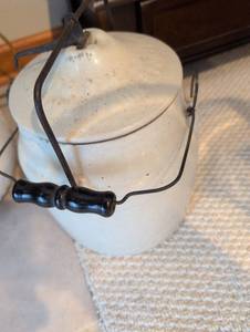 lot 2645 image: White Enamel Cookware with Wire Bail Handle