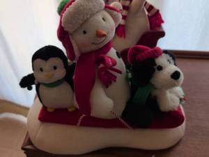 lot 2648 image: Animated Holiday Plush Sleigh with Snowman, Penguin and Puppy