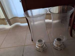 lot 2651 image: Tall Glass Hurricane Candle Holders with Chrome Base - Set of 2